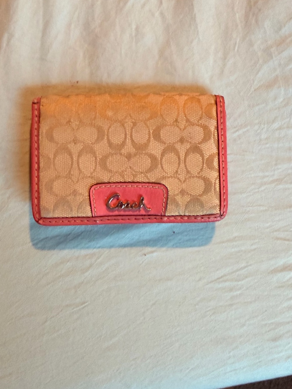 Coach Tan Signature Card Holder with Pink Trim